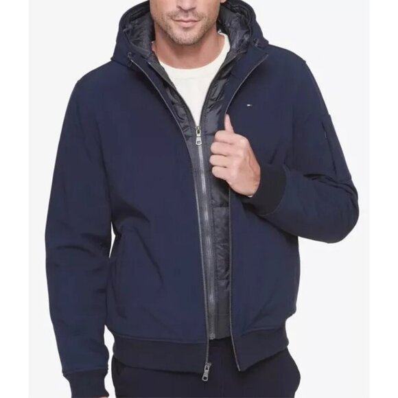 Tommy Hilfiger Men's Navy Blue Soft Shell Bomber Jacket with Hood - XS - Picture 1 of 16
